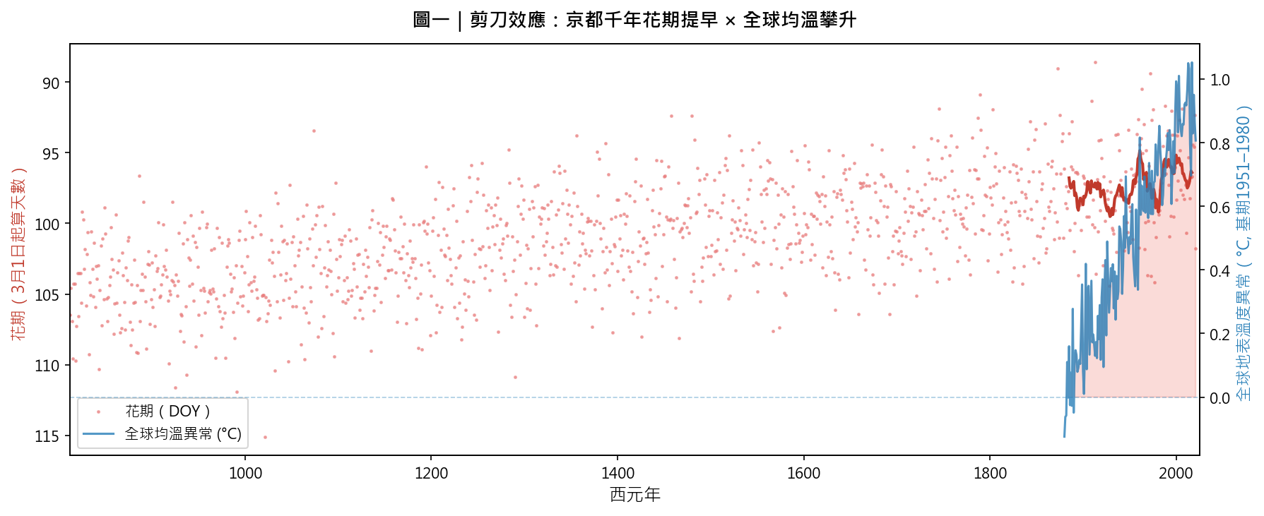 京都千年花期提早 × 全球均溫攀升的剪刀效應圖